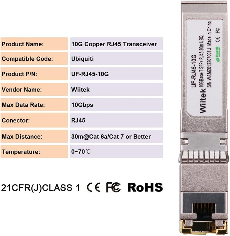 Wiitek 10G SFP+ to RJ45 Copper Modules, 1.25G/2.5G/5G/10GBase-T Ethernet Copper to SFP+ Transceiver Compatible for Ubiquiti Unifi UF-RJ45-10G /uacc-cm-rj45-mg (Cat 6a/7 or Better, 30-Meter) - Image 3